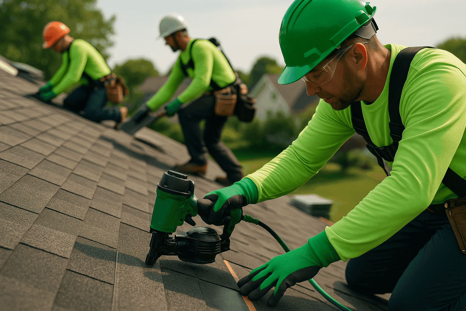 Professional roofing crew installing shingles on residential roof wearing safety gear