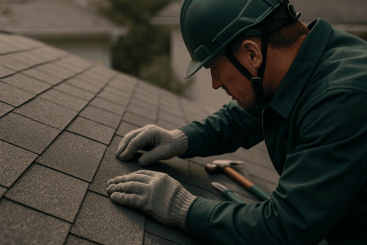Close-up of roofer’s gloved hands aligning asphalt shingles on residential roof